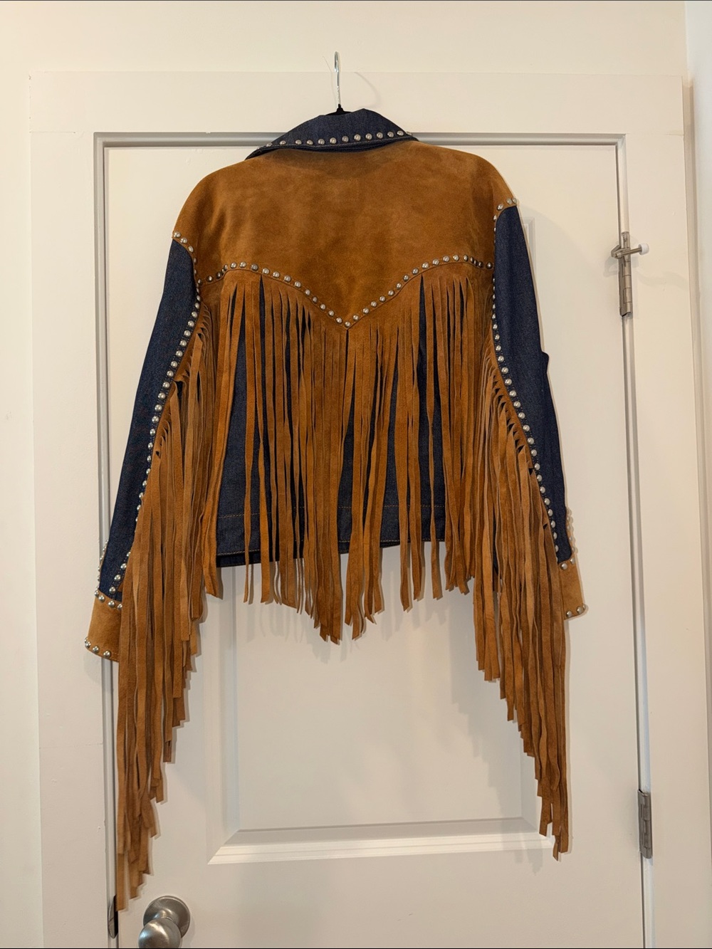 Nasty Gal Denim & Tan Suede Fringe Western Jacket - Picture 3 of 6